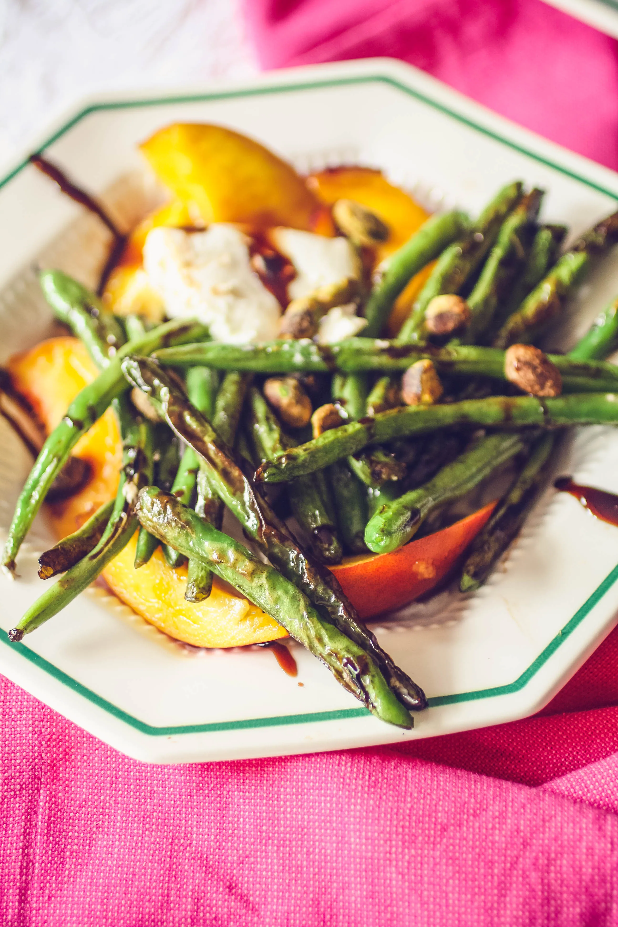 Charred Green Beans with Burrata and Peaches makes a delightful summer salad! Charred Green Beans with Burrata and Peaches is a lovely salad to serve this summer.