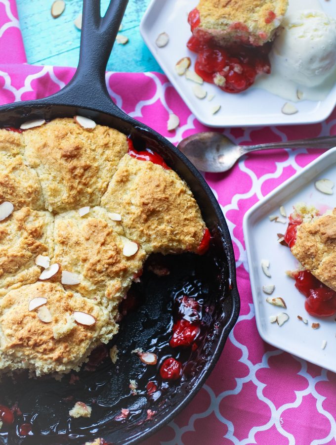 Cherry-Almond Skillet Cobbler is a fabulous dessert for any get together! Cherry-Almond Skillet Cobbler makes a fun and festive dessert!