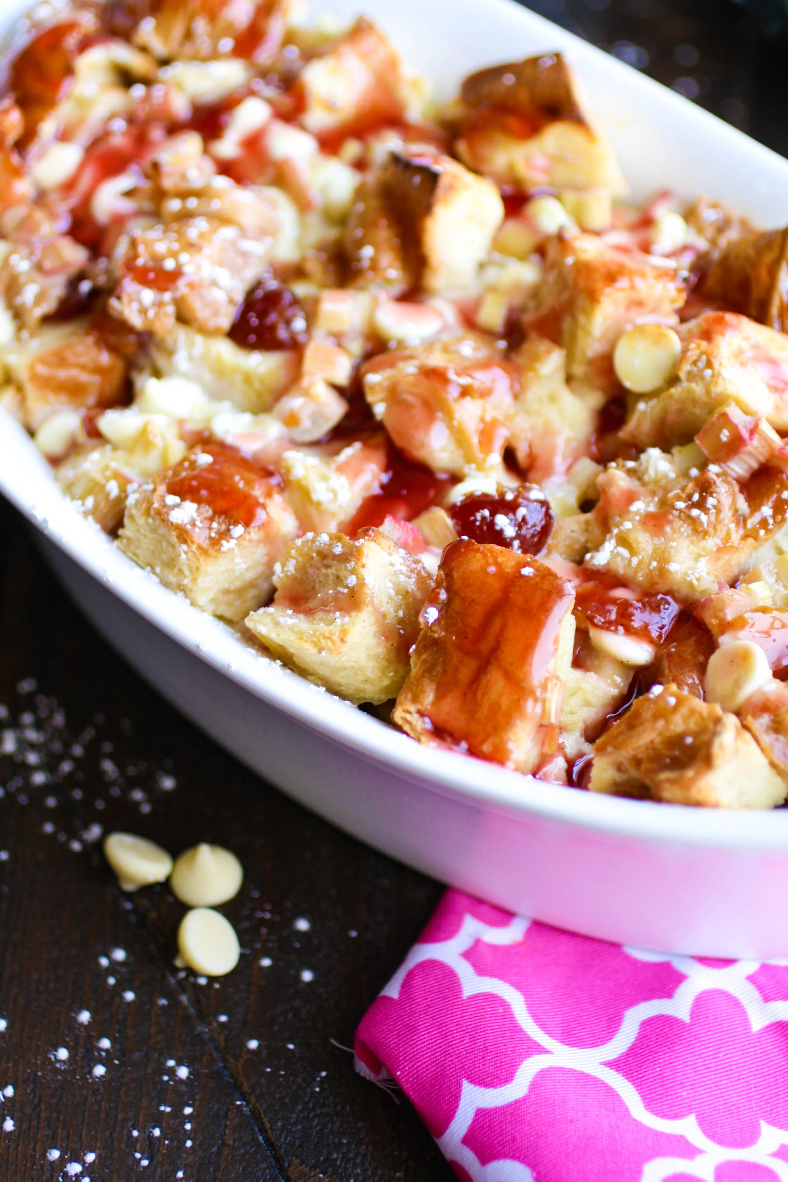 A bowl of Cherry-Rhubarb and White Chocolate Bread Pudding is a welcome end to any meal!