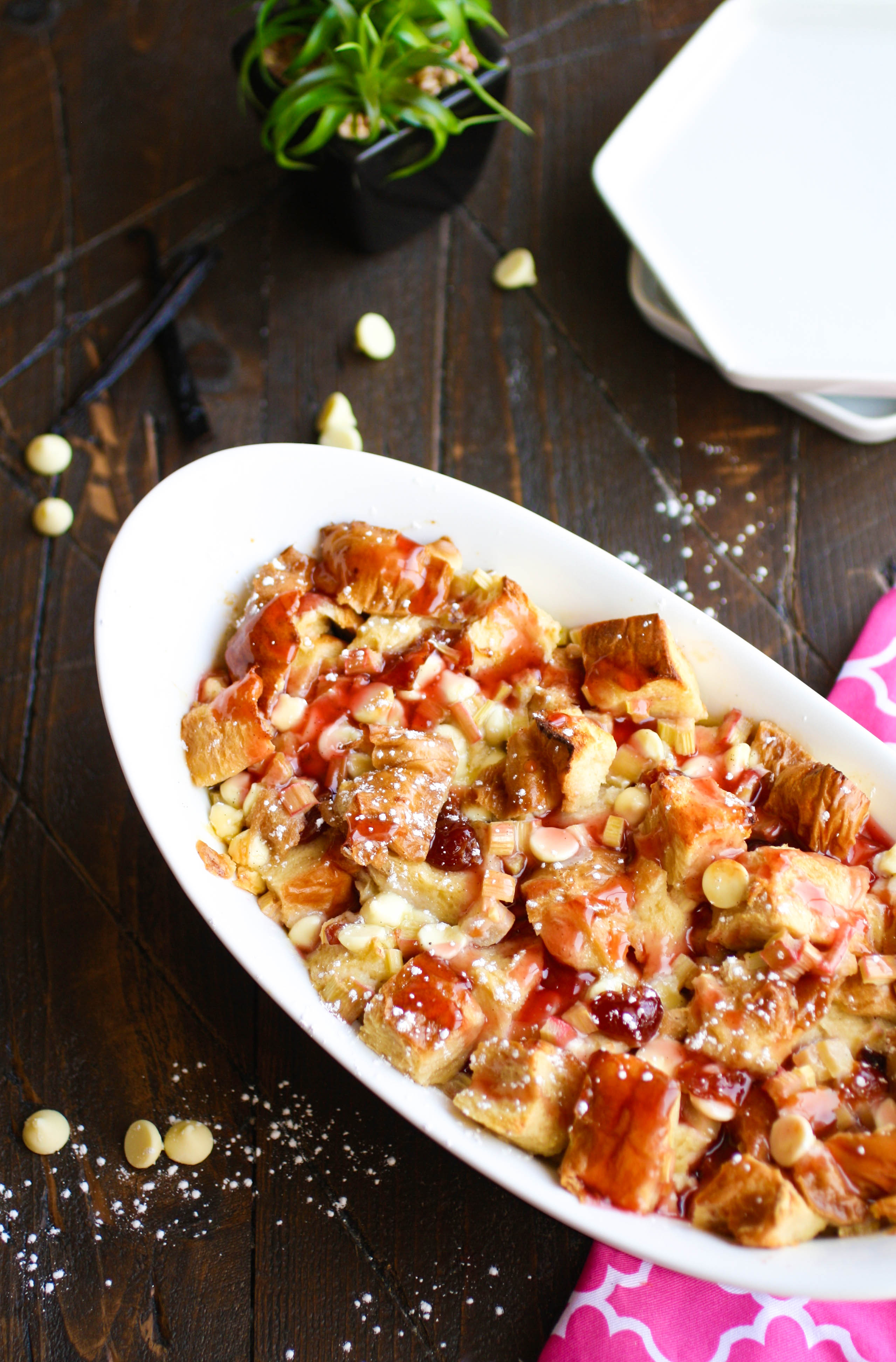 You'll love Cherry-Rhubarb White Chocolate Bread Pudding as a fun and fabulous dessert. Enjoy Cherry-Rhubarb White Chocolate Bread Pudding this springtime season!