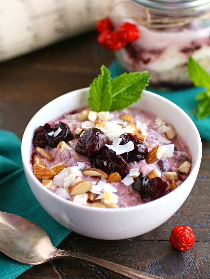 Dig in to a delicious breakfast! Cherry, Almond & Coconut Overnight Oats with Chia makes a great first meal!