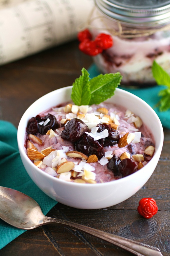 Dig in to a delicious breakfast! Cherry, Almond & Coconut Overnight Oats with Chia makes a great first meal!