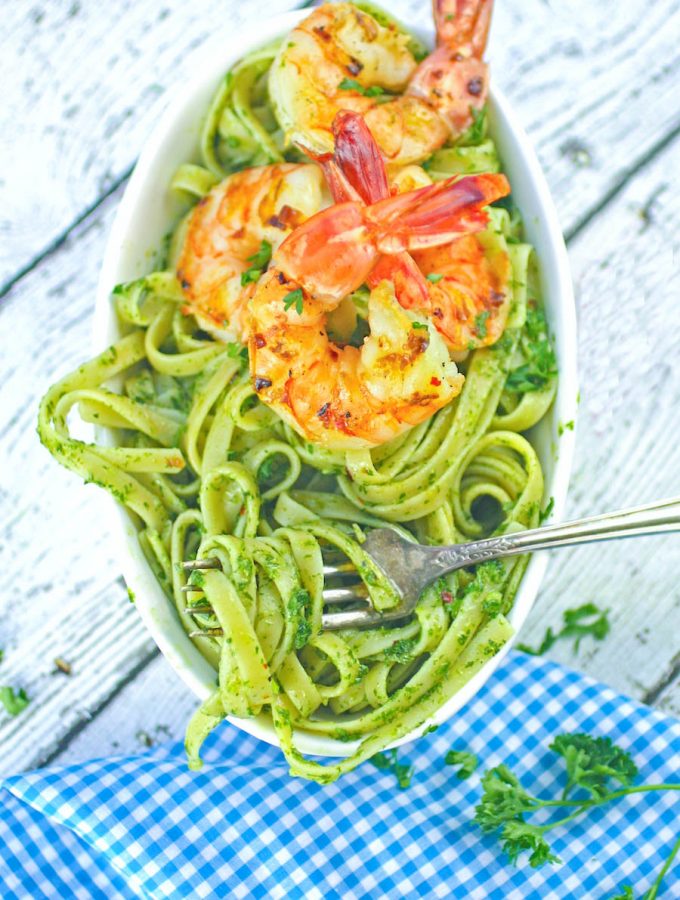 Chimichurri Pasta with Grilled Spicy Shrimp is a simple, flavorful dish. You'll enjoy Chimichurri Pasta with Grilled Spicy Shrimp any night.