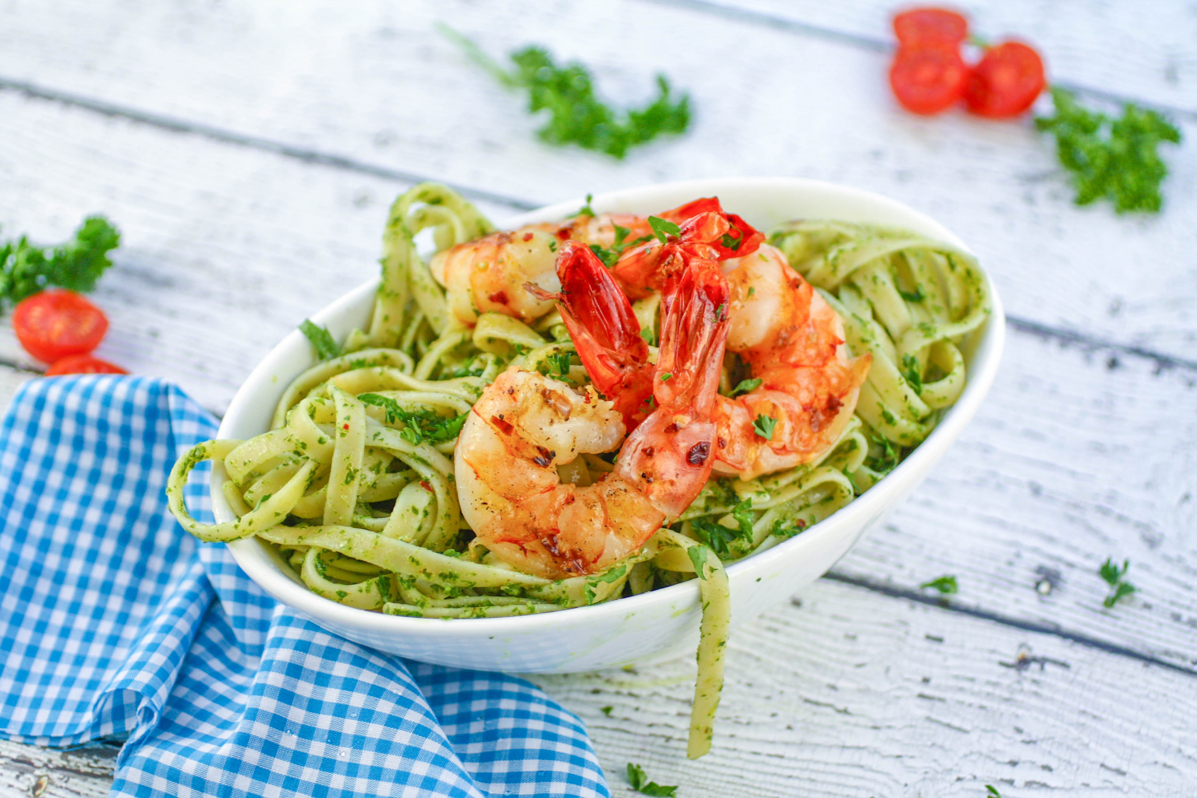 Chimichurri Pasta with Grilled Spicy Shrimp is perfect any night of the week. Chimichurri Pasta with Grilled Spicy Shrimp is an ideal meal during Lent.