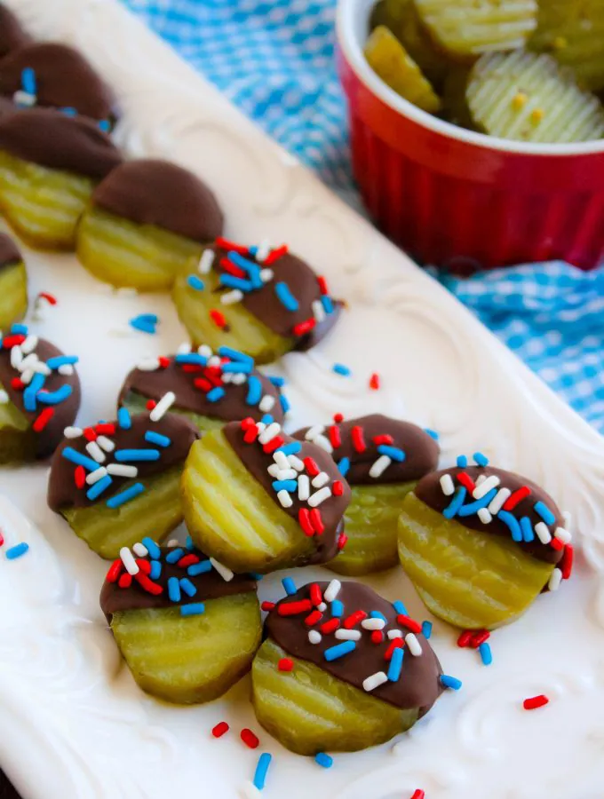 Chocolate Covered Pickles with Homemade Magic Shell make a fun treat! You'll love these Chocolate Covered Pickles with Homemade Magic Shell for a special treat.