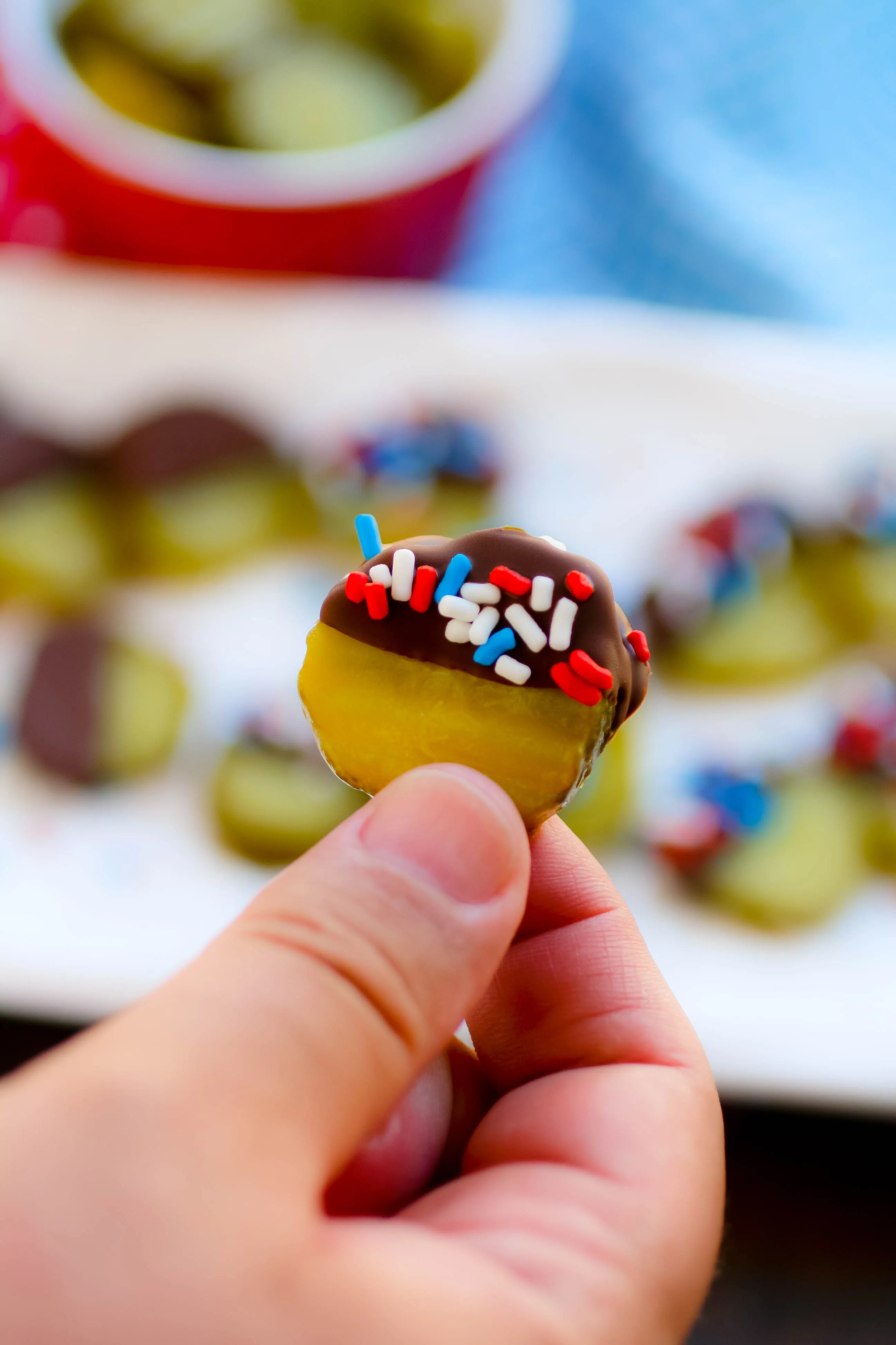 Chocolate Covered Pickles with Homemade Magic Shell are too fun for any get together! Chocolate Covered Pickles with Homemade Magic Shell are a fun treat for any gathering!