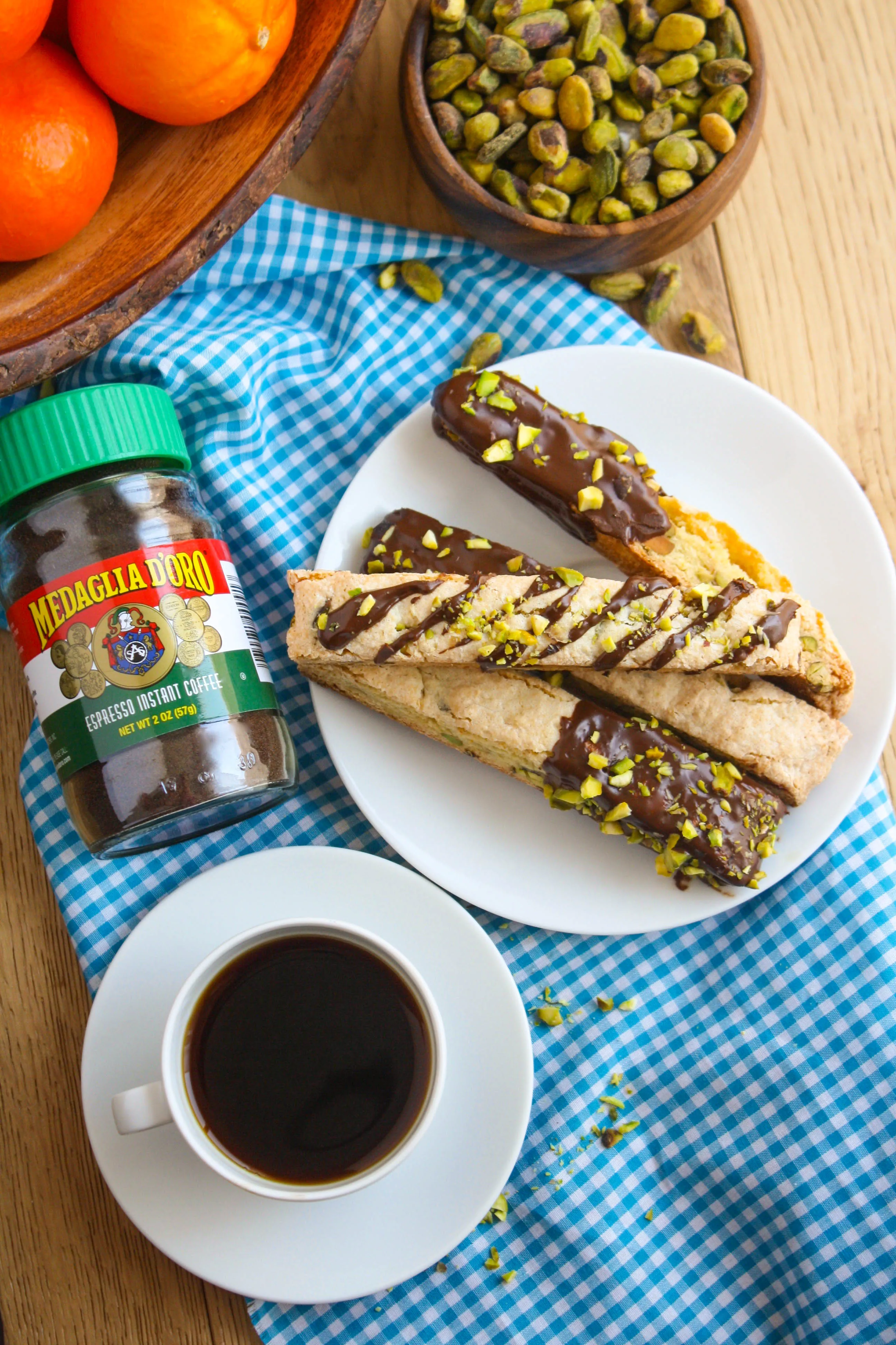 Chocolate-Espresso Dipped Orange and Pistachio Biscotti cookies are an Italian treat you'll love. These dessert cookies are fabulous anytime!