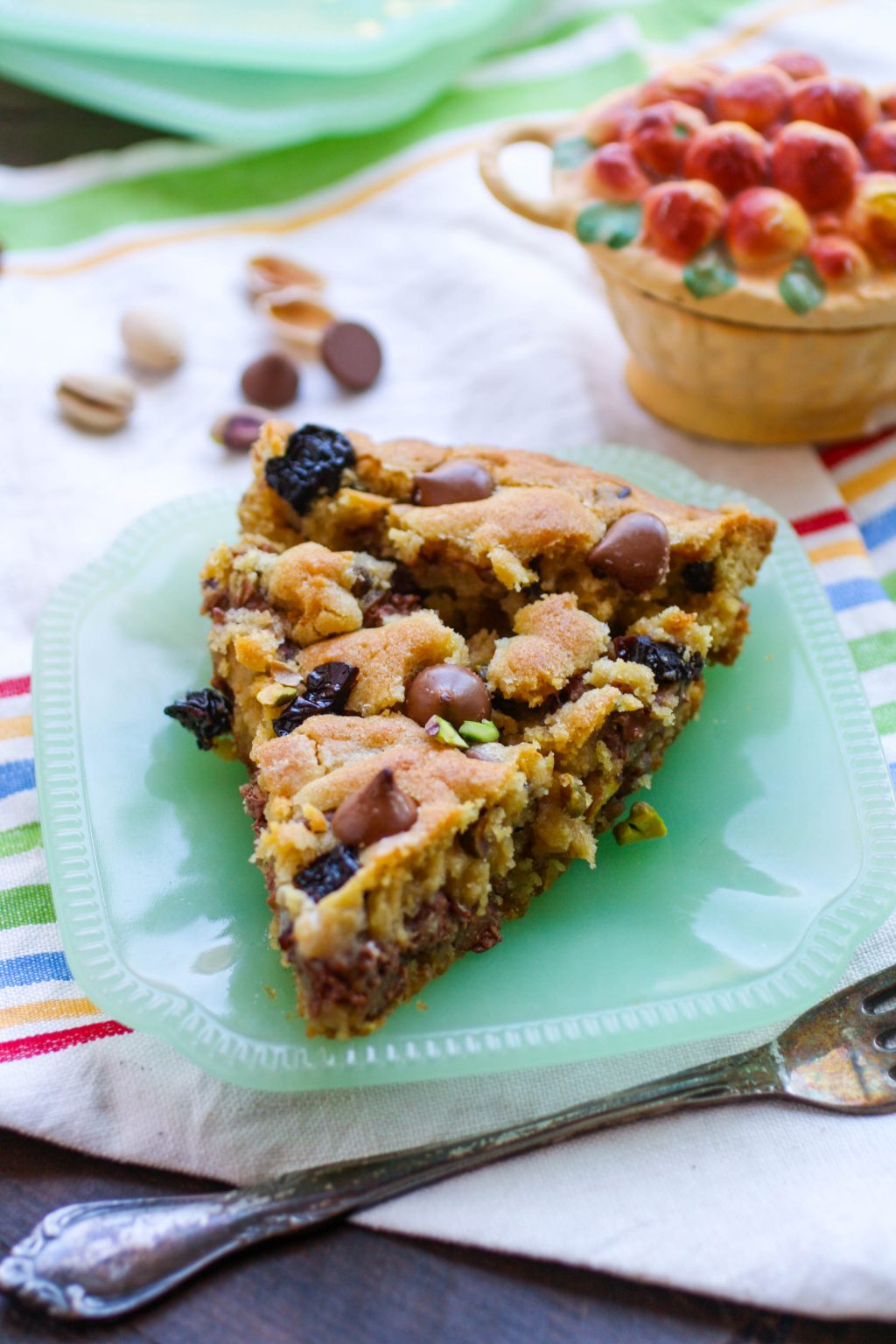 Chocolate Chip Skillet Cookie with Dried Cherries & Pistachios