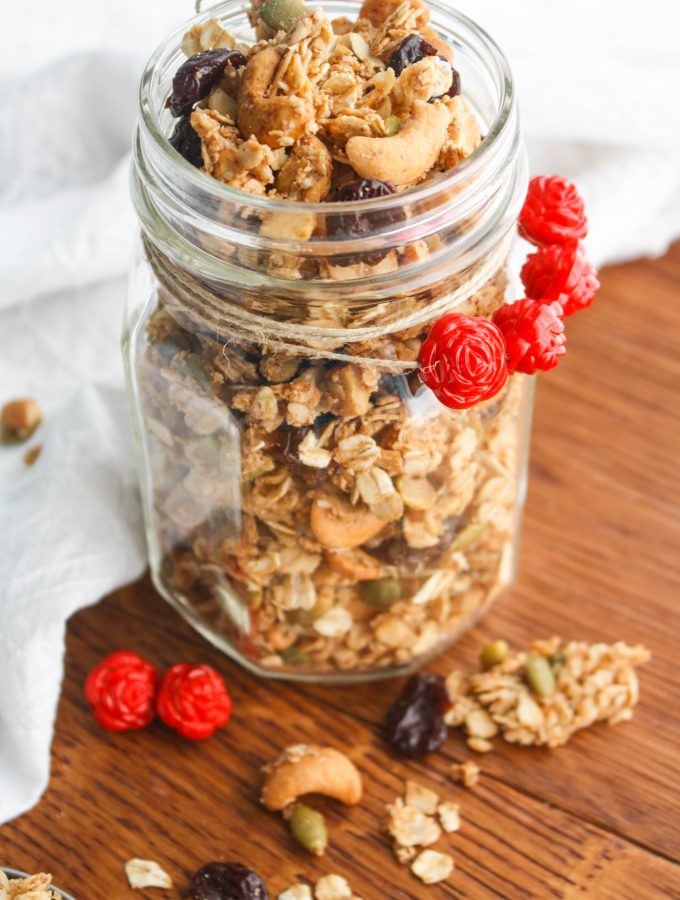 Chunky Cherry-Chai Granola is a great treat for breakfast and beyond! You'll love this homemade granola!