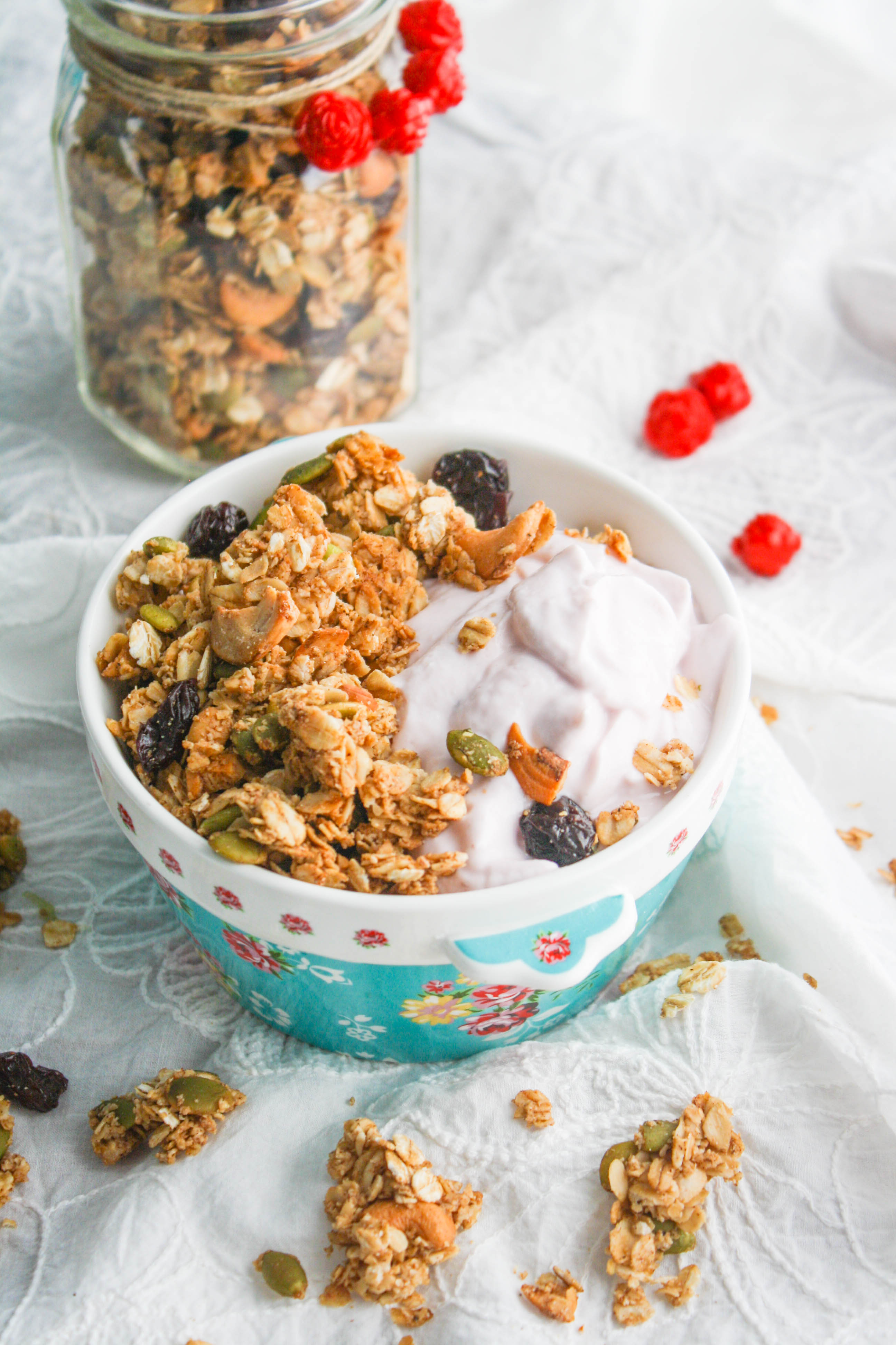 Chunky Cherry-Chai Granola is perfect served over yogurt! Homemade granola goes perfectly with yogurt and so much more!