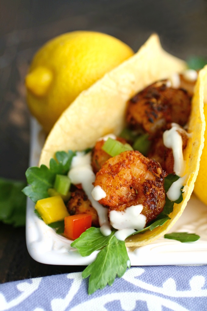 Enjoy the great flavors in these easy-to-make Blackened Shrimp Tacos & Creamy Garlic-Lemon Sauce