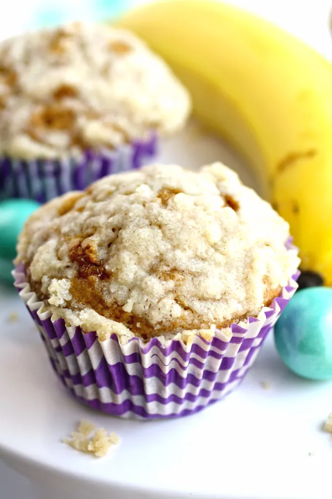 The perfect use for overripe bananas: Caramel Banana Muffins with Streusel Topping!