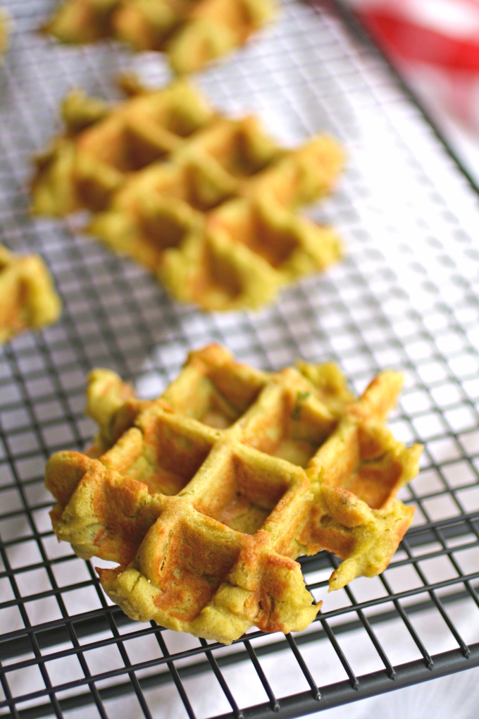 Falafel Waffle Bites cooking on a baking rack.