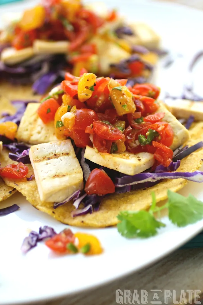 Perfect for a Meatless Monday meal: Grilled Tofu Tostadas with Tomato-Mango Salsa