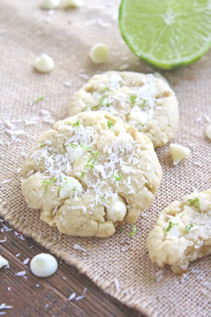 Coconut-Lime White Chocolate Chip Cookies make a fun treat. These cookies are perfect to serve at Easter, too!