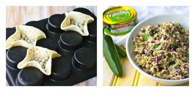 making mini, edible taco bowls, and a dish or jalapeno tuna salad
