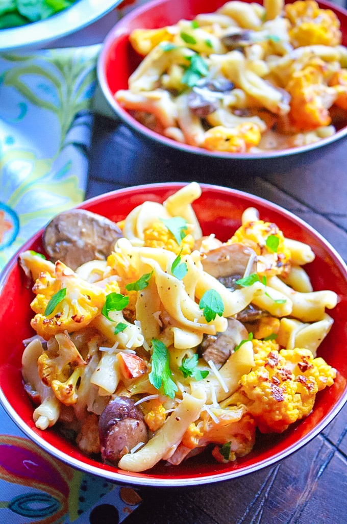 Creamy Pasta with Roasted Cauliflower and Mushrooms is a delightful dish for any meal. Everyone will love the flavors of Creamy Pasta with Roasted Cauliflower and Mushrooms.