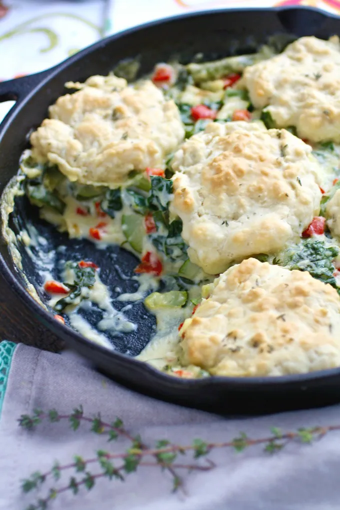 Looking for a wonderful vegetarian meal? Try Creamy Skillet Veggies with Homemade Drop Biscuits!