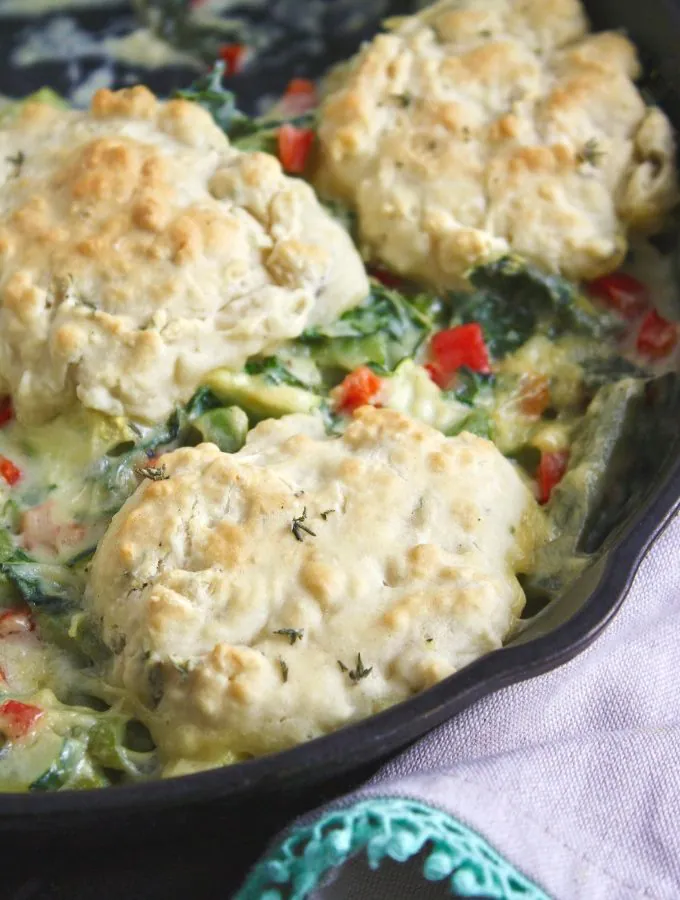 What could be more comforting than Creamy Skillet Veggies with Homemade Drop Biscuits?