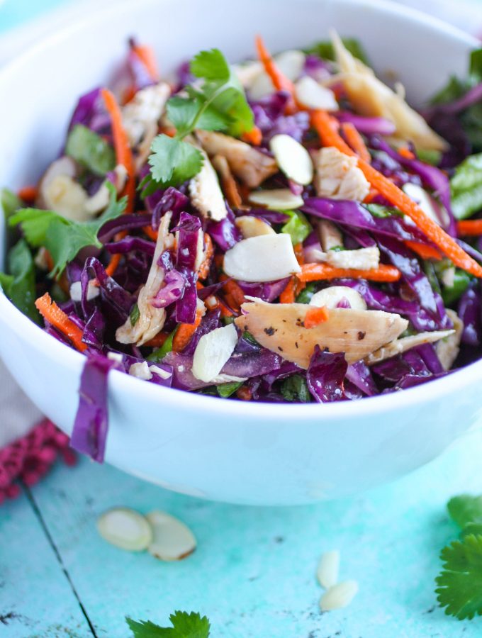 Crunchy Cabbage & Chicken Salad with Sesame Dressing is a great salad if you like crunch and color and flavor! This cabbage salad includes chicken to make it satisfying!