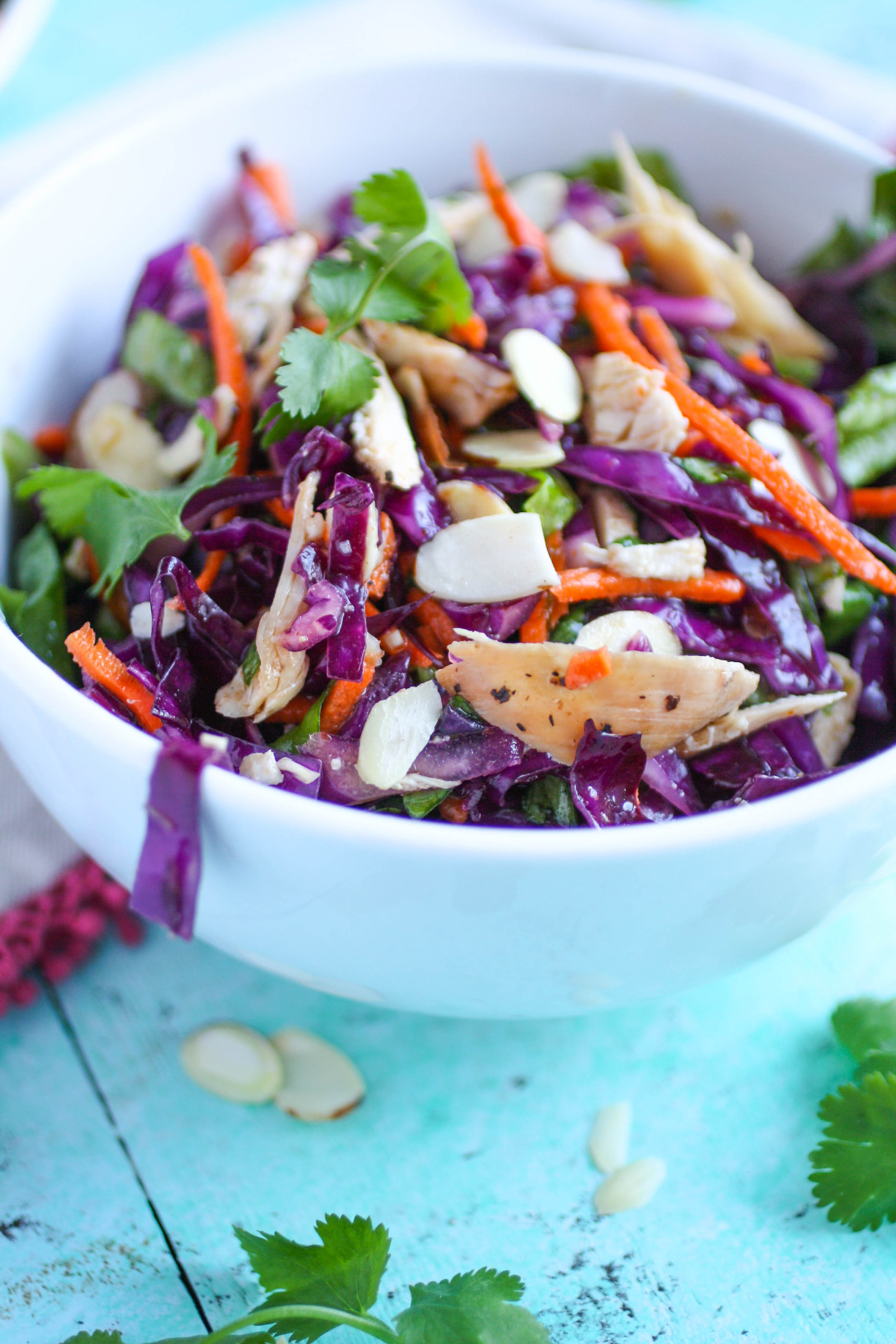 Crunchy Cabbage & Chicken Salad with Sesame Dressing is a great salad if you like crunch and color and flavor! This cabbage salad includes chicken to make it satisfying!