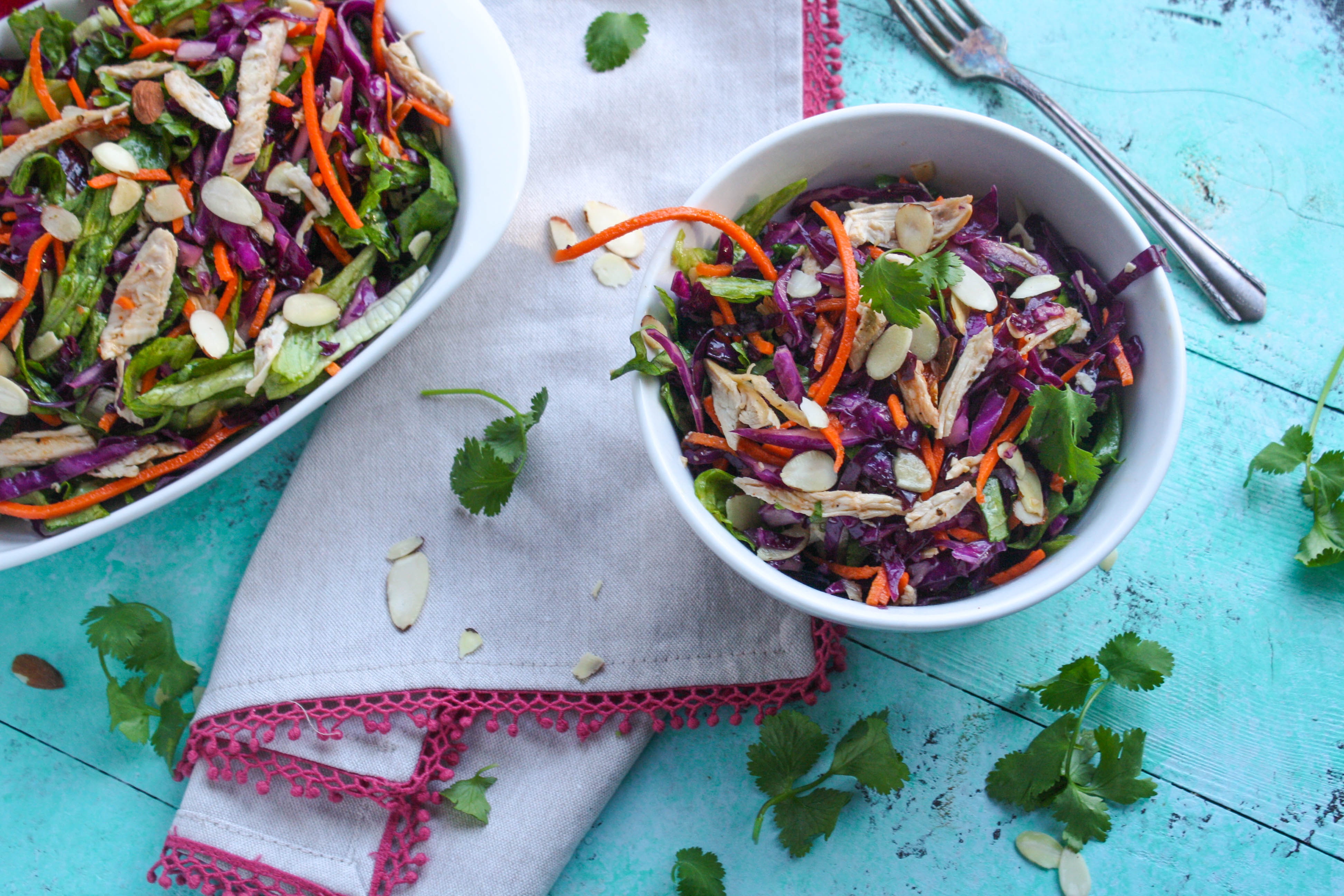 Crunchy Cabbage & Chicken Salad with Sesame Dressing is full of flavor...and crunch! You'll love this tasty and colorful cabbage salad!
