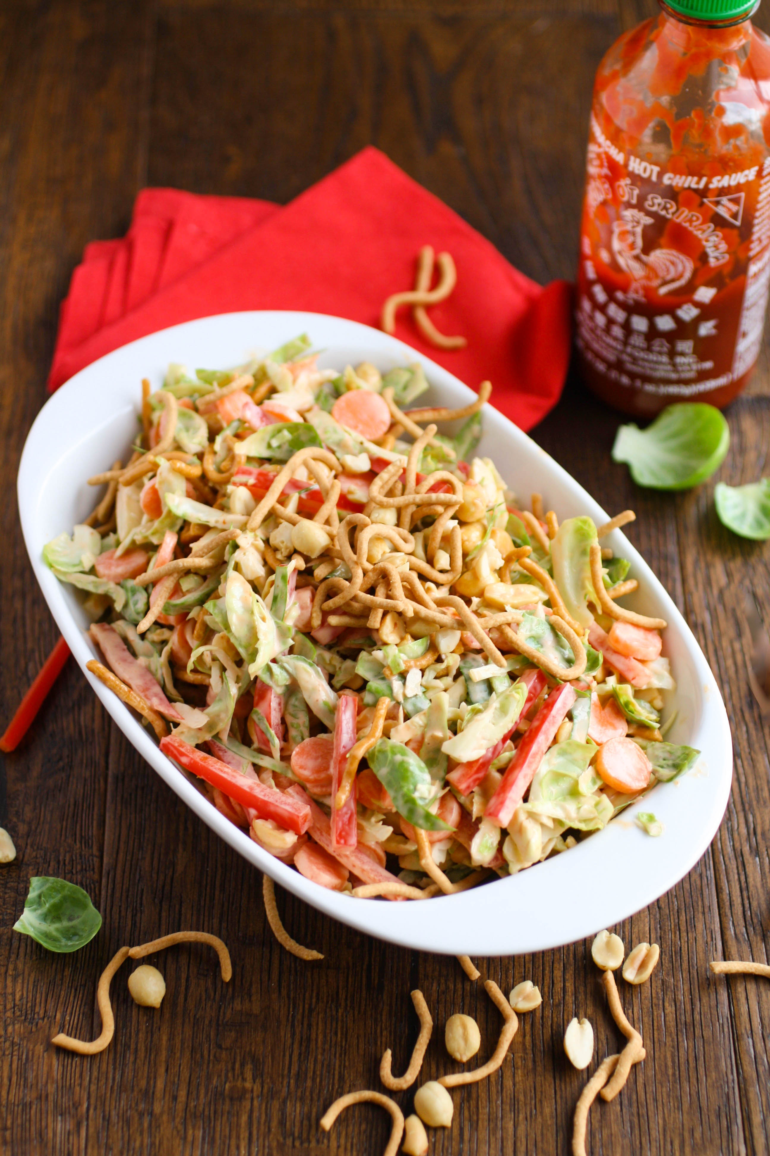 Crunchy Brussels Sprouts Salad with Creamy Sriracha Dressing is a new classic! You'll love all the textures and flavors!