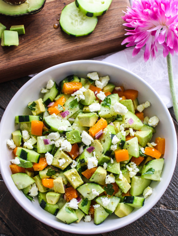 Enjoy a big plate of Cucumber-Avocado Salad with Honey-Lemon Vinaigrette.