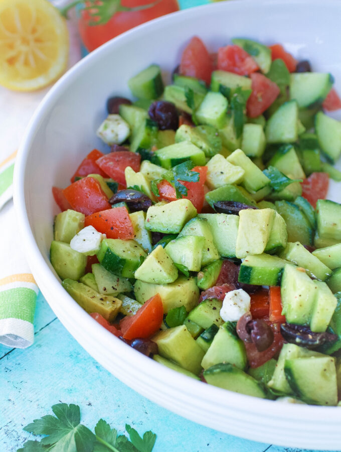 Cucumber salad with lemony dressing is ideal for lunch or dinner.