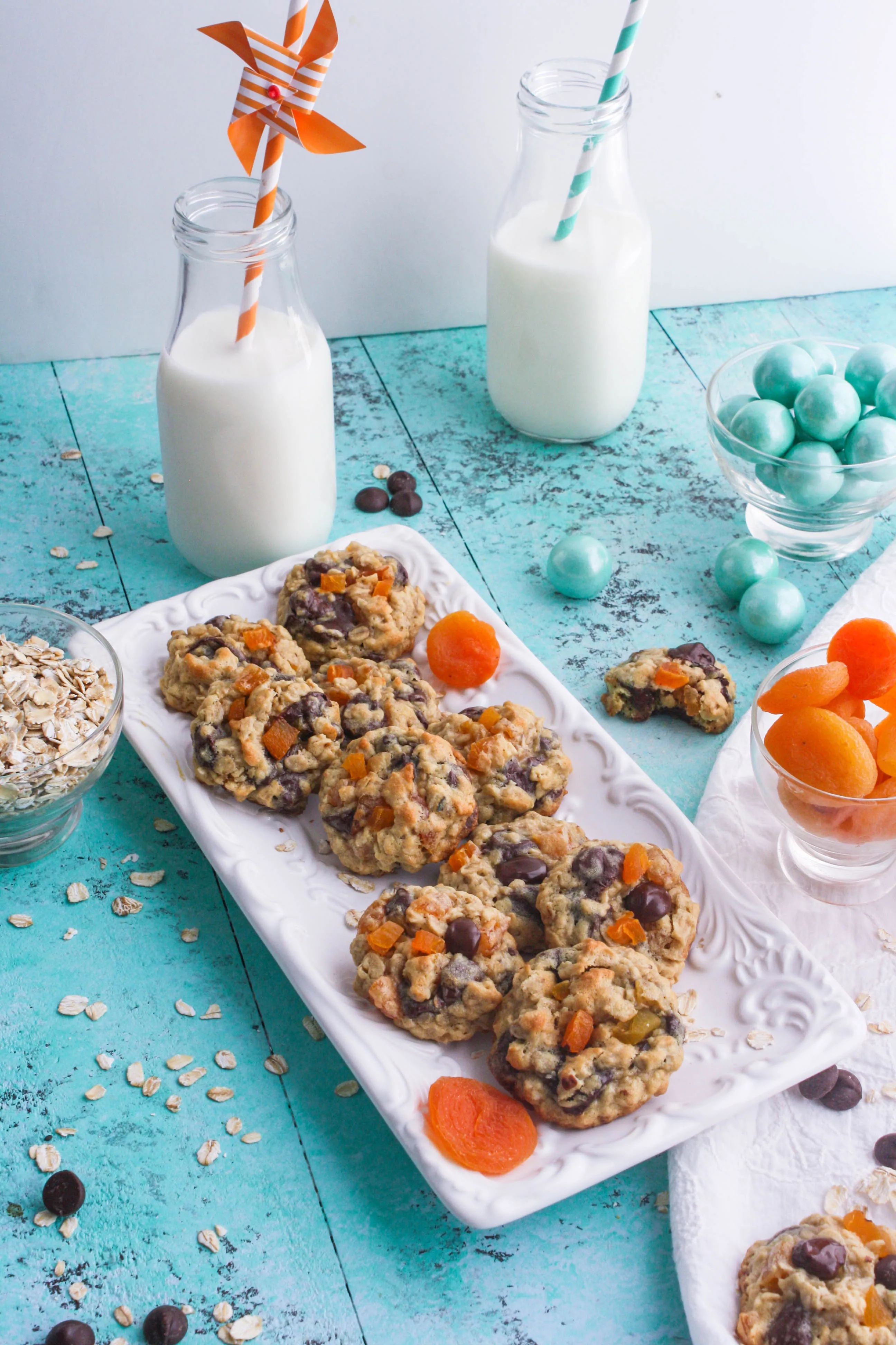 Dark Chocolate Apricot Oatmeal Cookies are great paired with a glass of milk! You'll enjoy Dark Chocolate Apricot Oatmeal Cookies with milk, coffee, or anything, really!