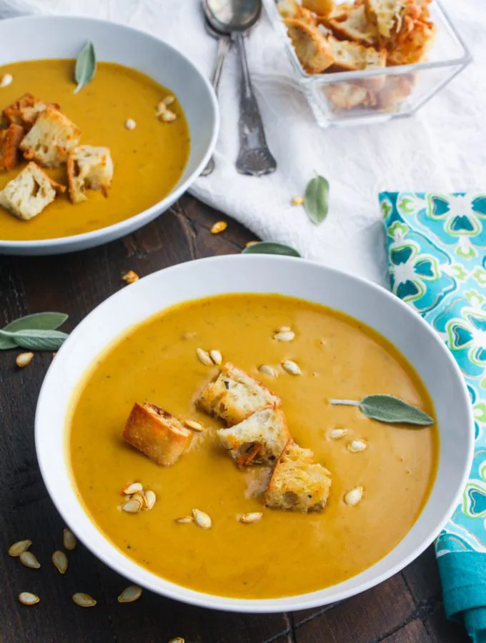 Easy, Creamy Butternut Squash Soup is a flavorful (and colorful) soup for any night of the week. This soup is also lovely for a special meal!