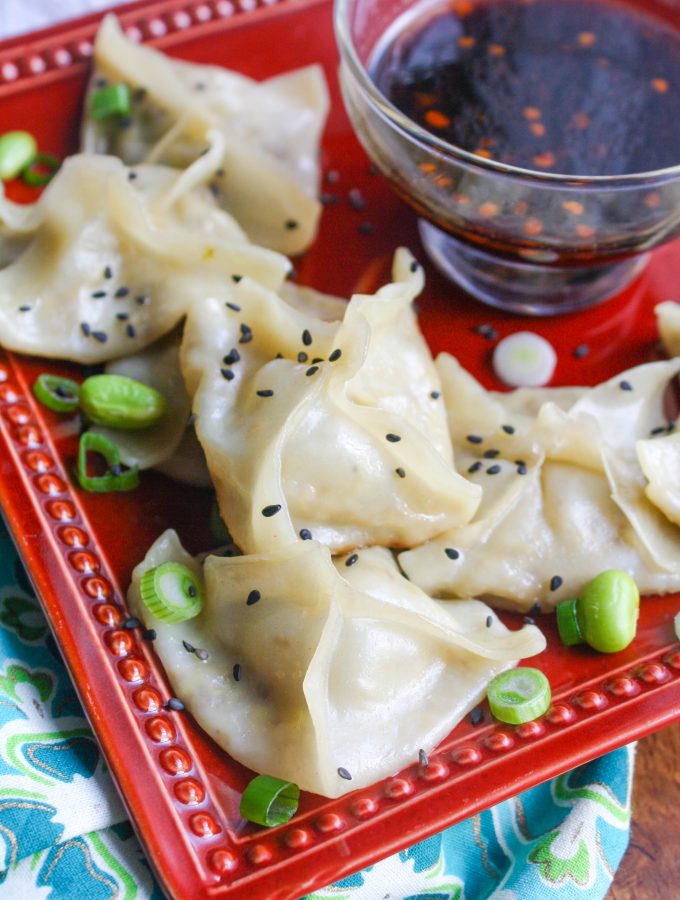 Edamame and Mushroom Potstickers with Dipping Sauce make a great appetizer or snack. These potstickers with dipping sauce are perfect to serve for any gathering.