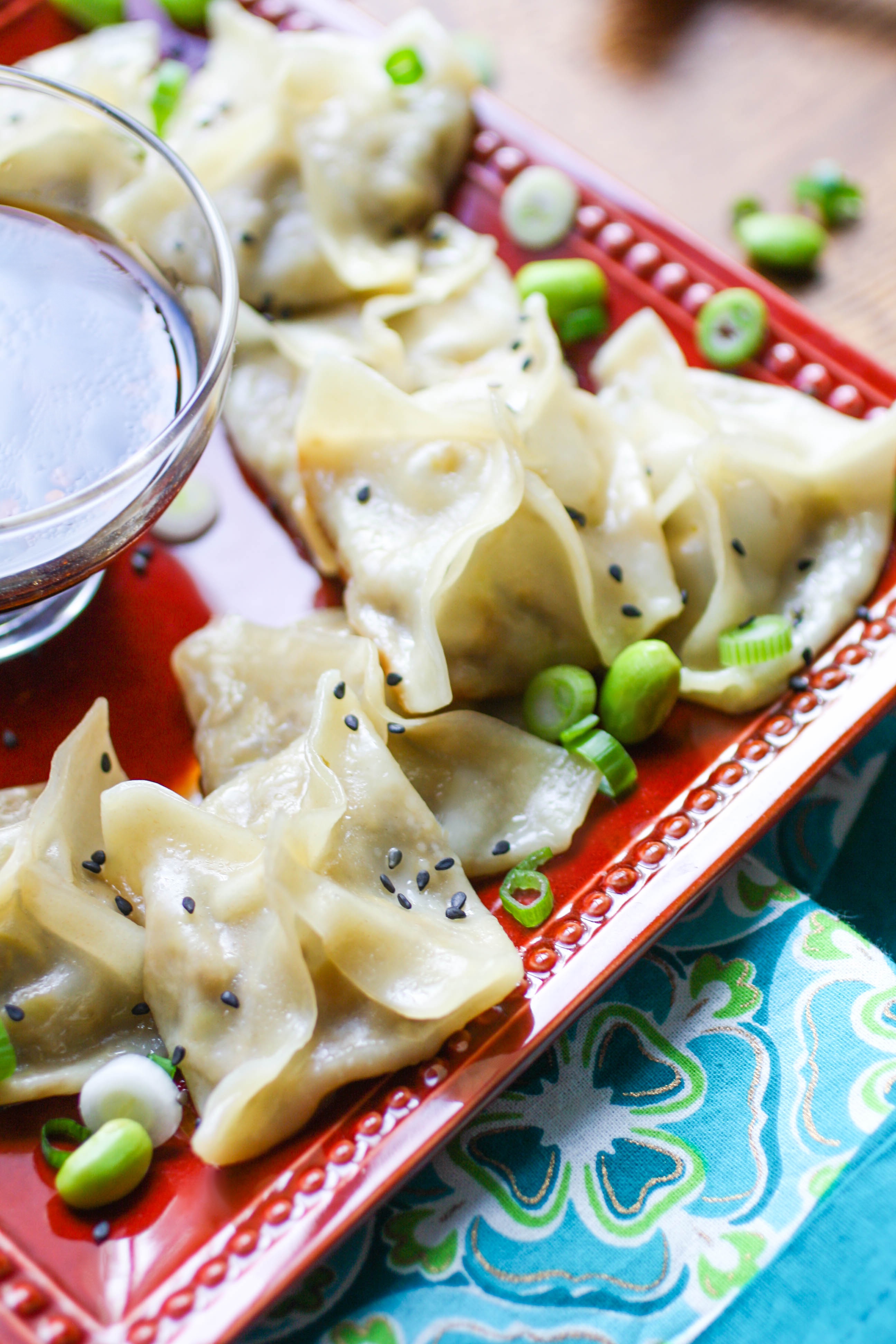 Edamame and Mushroom Potstickers with Dipping Sauce are fun to snack on, and tasty, too! Edamame and mushroom potstickers make a great appetizer or snack -- you'll love the dipping sauce, too.