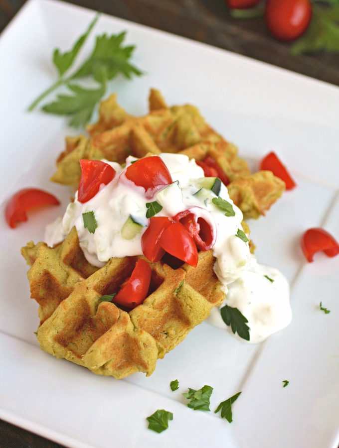 Falafel Waffle Bites with Tzatziki Sauce are perfect as an appetizer or as part of a light meal.