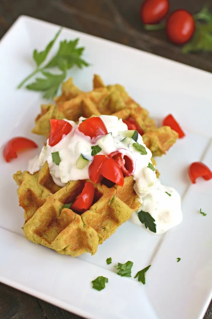 Falafel Waffle Bites with Tzatziki Sauce are perfect as an appetizer or as part of a light meal.