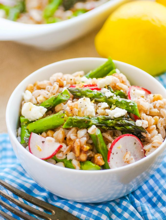 Farro Salad with Asparagus, Radishes & Lemon Vinaigrette is a lovely spring salad that's hearty, too.Farro Salad with Asparagus, Radishes & Lemon Vinaigrette is a delightfully hearty spring salad.