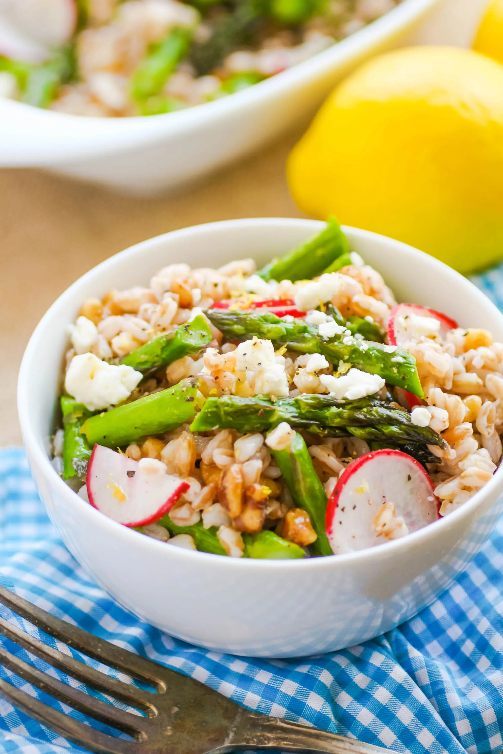 Farro Salad with Asparagus, Radishes & Lemon Vinaigrette is a lovely spring salad that's hearty, too. Farro Salad with Asparagus, Radishes & Lemon Vinaigrette is a delightfully hearty spring salad.