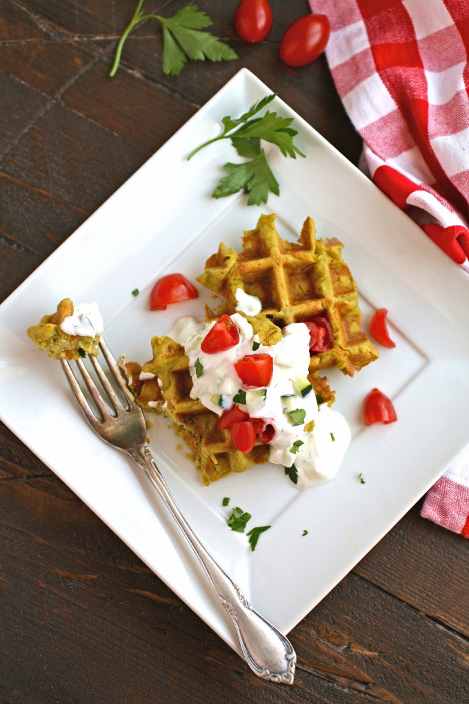 Enjoy these vegetarian Falafel Waffle Bites with Tzatziki Sauce.