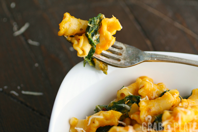 Dig into this dish! Pasta with Kale and Creamy Butternut Squash Sauce is perfect for a meatless meal!