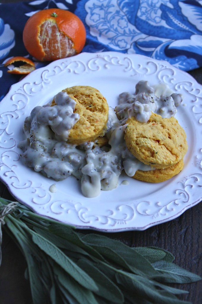 What a delicious (and easy-to-make) dish, perfect for the season: Sausage Gravy with Sweet Potato-Sage Biscuits!