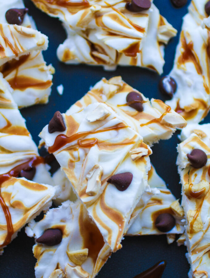 Grab a piece or two of Frozen Yogurt Bark with Caramel, Cashews and Chocolate before they're gone! You'll love this frozen treat.