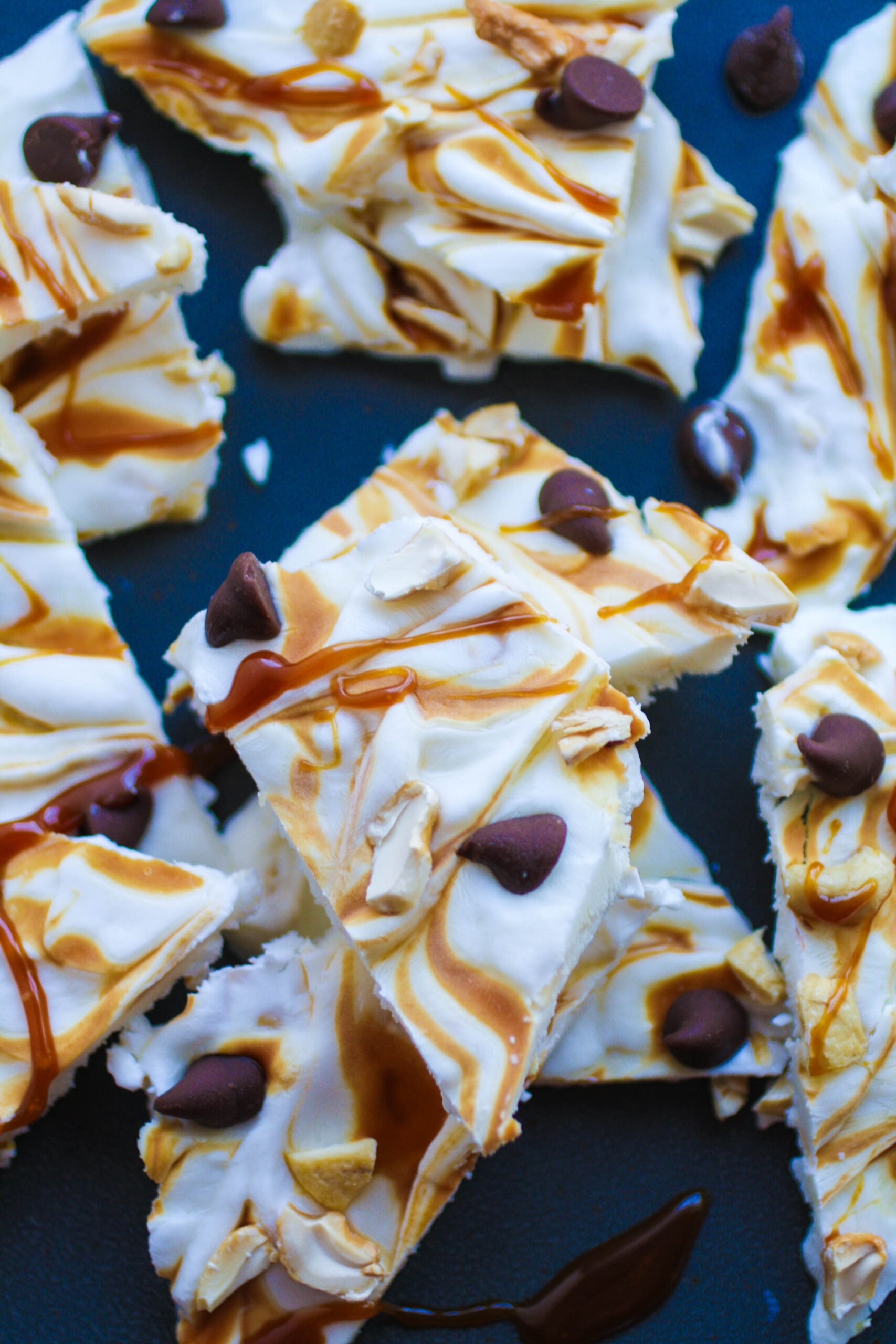 Grab a piece or two of Frozen Yogurt Bark with Caramel, Cashews and Chocolate before they're gone! You'll love this frozen treat.