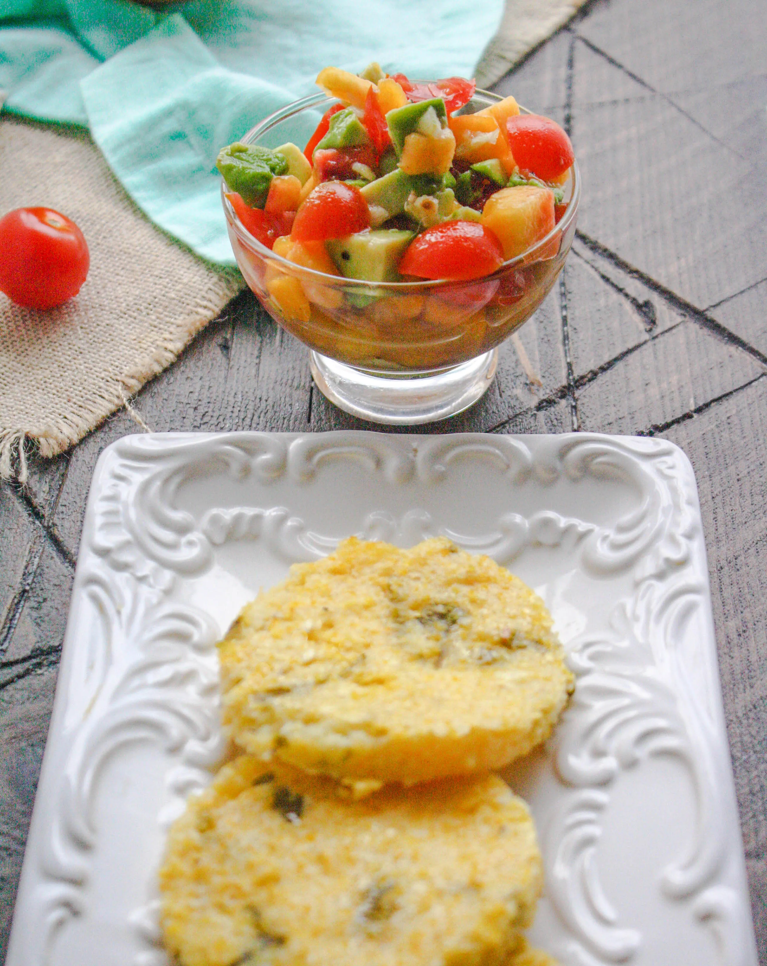 Hatch Chile Grits Cakes with Peach-Citrus Salsa includes amazing ingredients! Whip up these Hatch Chile Grits Cakes with Peach-Citrus Salsa for your next gathering.