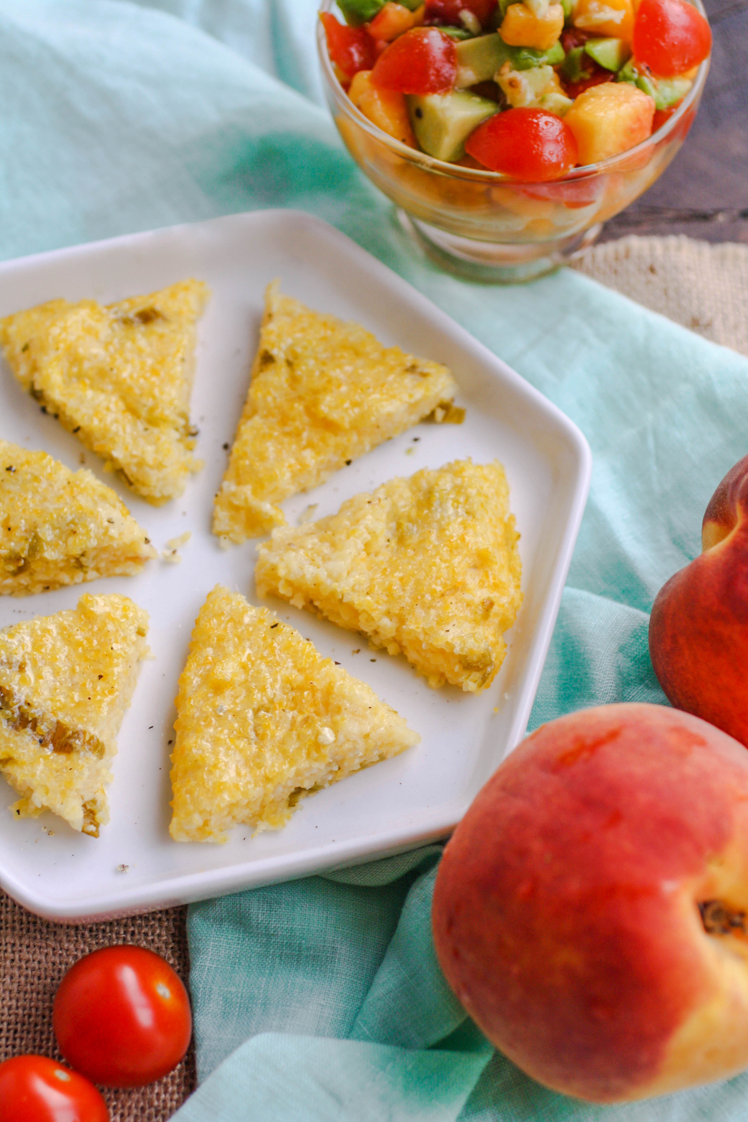 Hatch Chile Grits Cakes with Peach-Citrus Salsa are tasty, no matter what shape they're in! Make these Hatch Chile Grits Cakes with Peach-Citrus Salsa in your favorite shape!