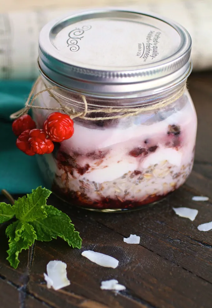 Toss your ingredients into a jar, refrigerate, and enjoy Cherry, Almond & Coconut Overnight Oats with Chia the next day!