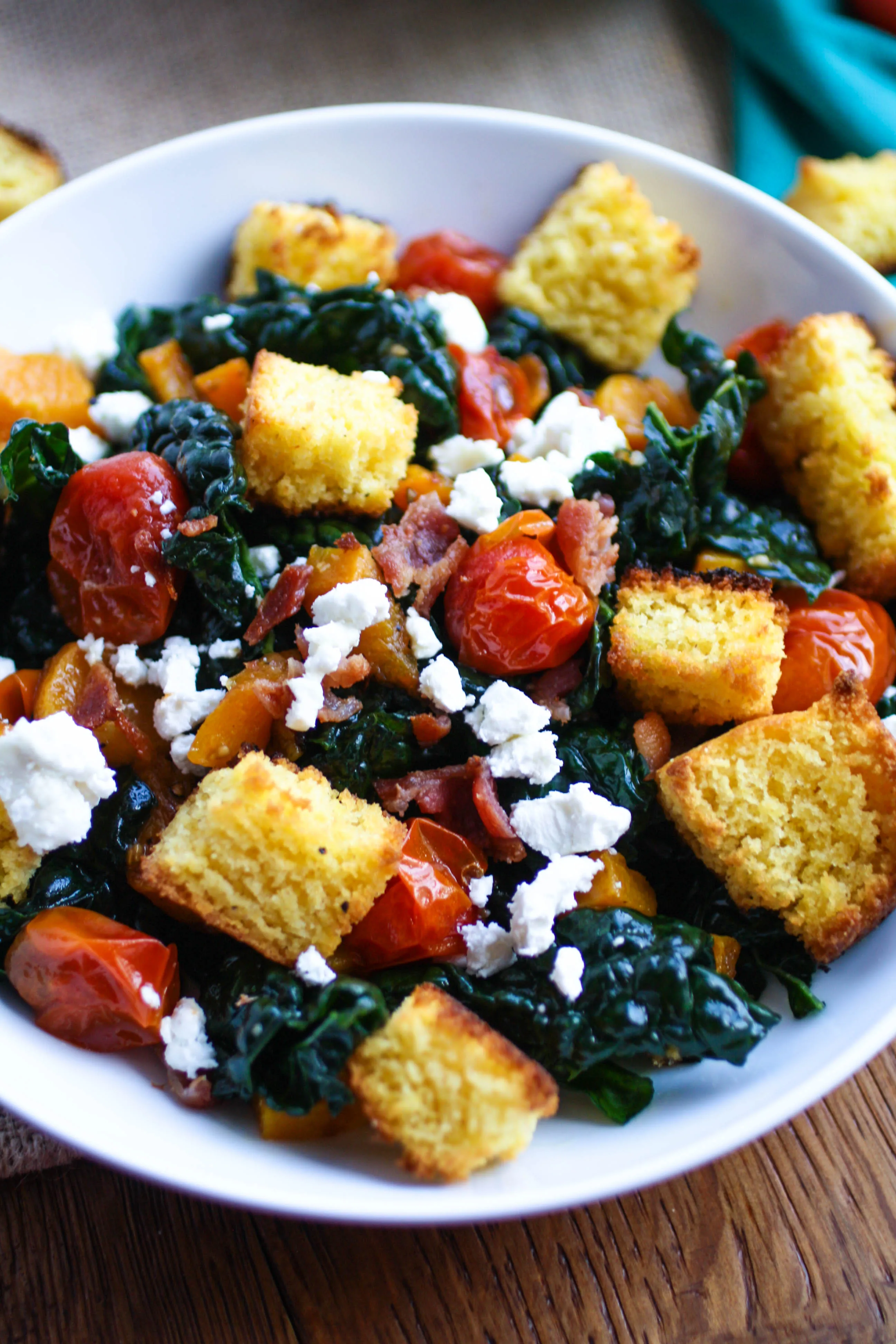 Kale and Cornbread Crouton Salad makes a fabulous day-after Thanksgiving dish. You'll love using up your Thanksgiving leftovers to make this salad -- especially that cornbread!
