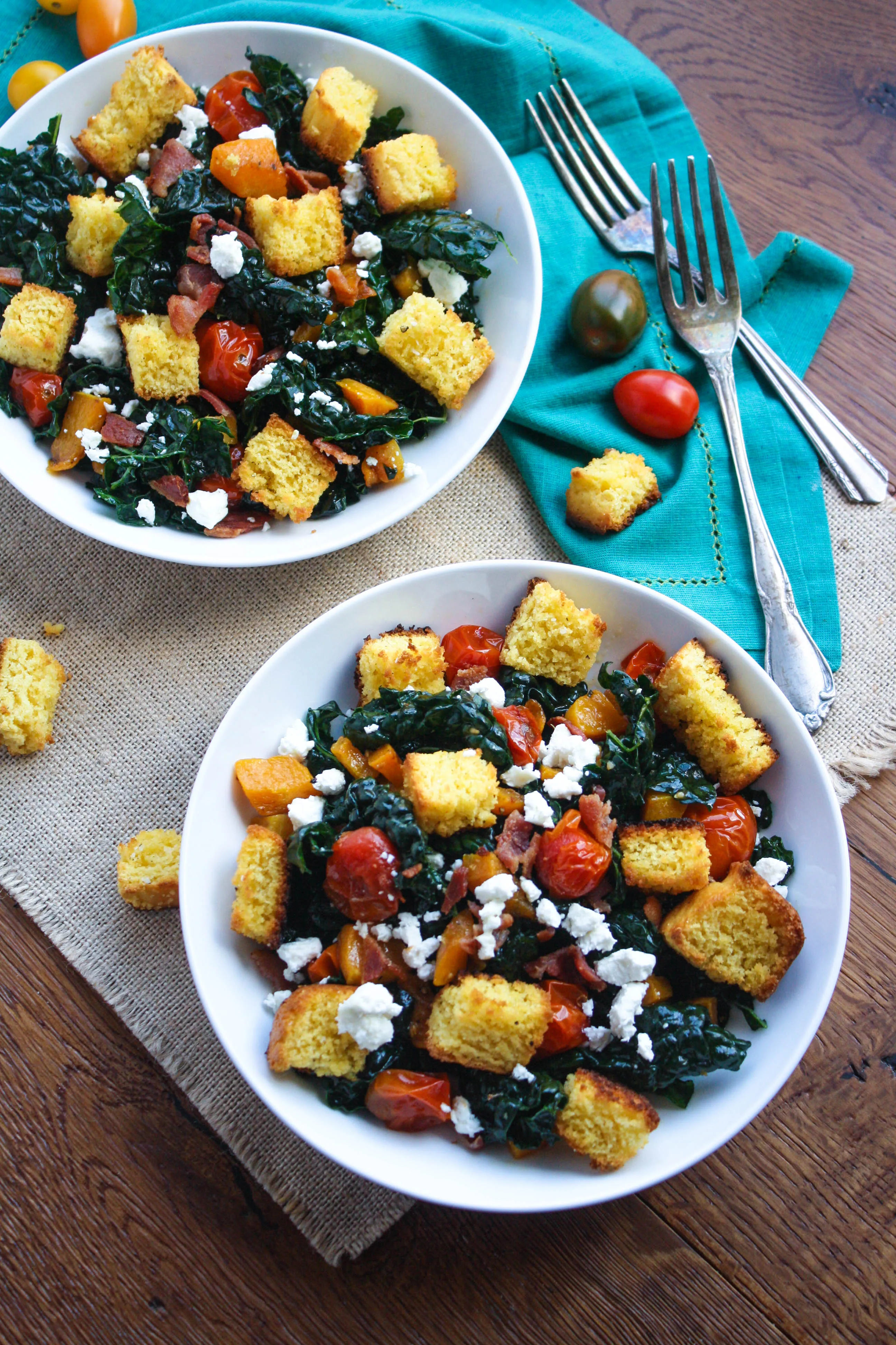 Kale and Cornbread Crouton Salad is a great day-after Thanksgiving dish. You'll love the cornbread croutons in this kale salad!