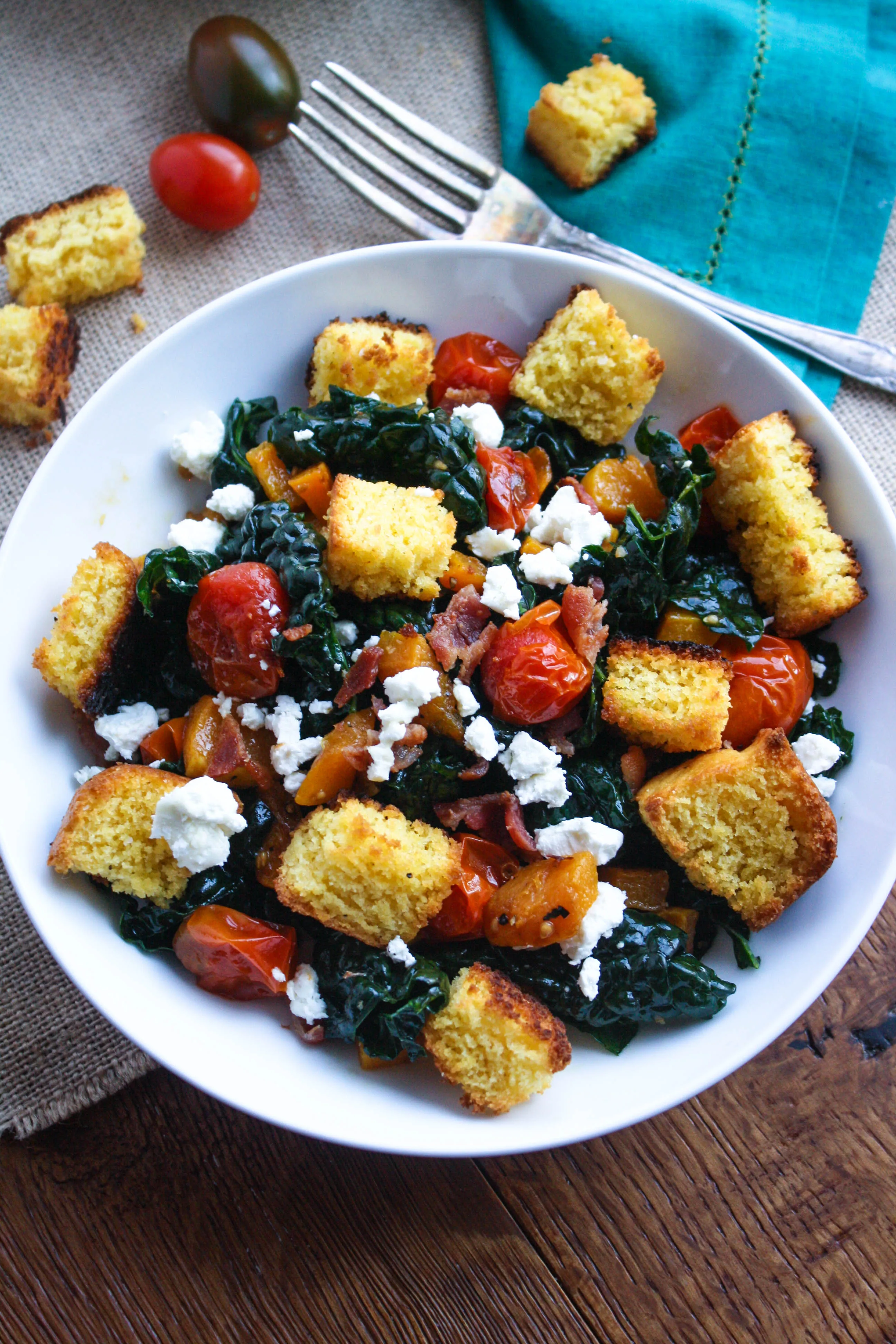 Kale and Cornbread Crouton Salad is a great salad to serve after an indulgent holiday! The cornbread croutons are a great addition to this kale salad.