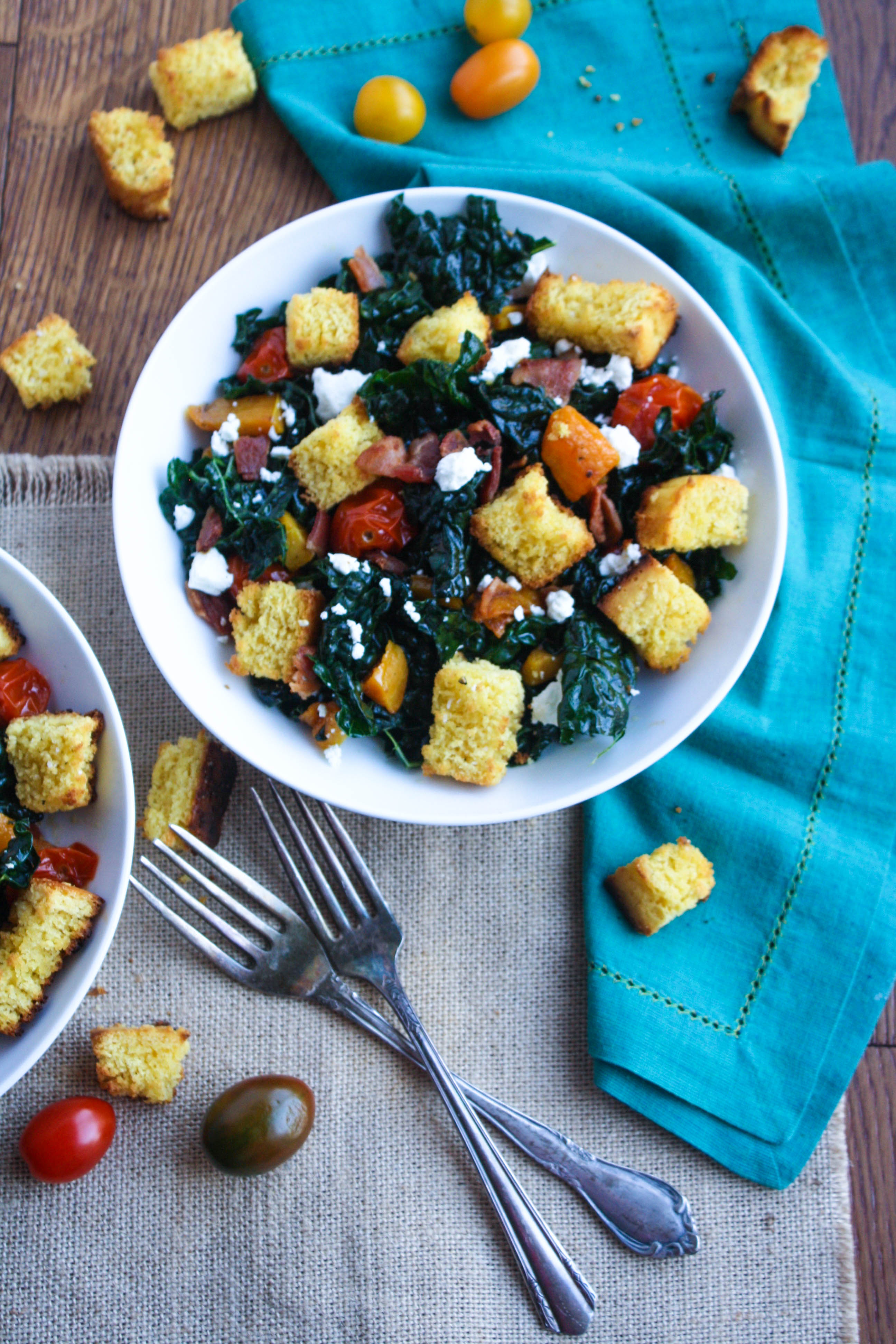 Kale and Cornbread Crouton Salad makes a great salad any day of the year, but especially after Thanksgiving. Cornbread croutons are a nice touch to this kale salad.