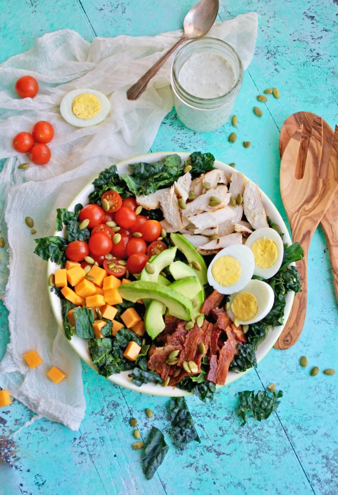 Toss yourself dinner! This Kale Cobb Salad with Buttermilk Ranch Dressing is big on flavor, and it's filling, too!